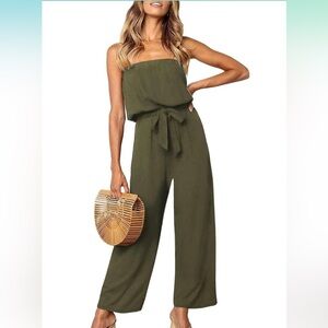 ZESICA Off Shoulder Strapless Belted Wide Leg Jumpsuit